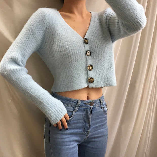 Single-Breasted Buttoned Long-Sleeved Sweater Cardigan Top