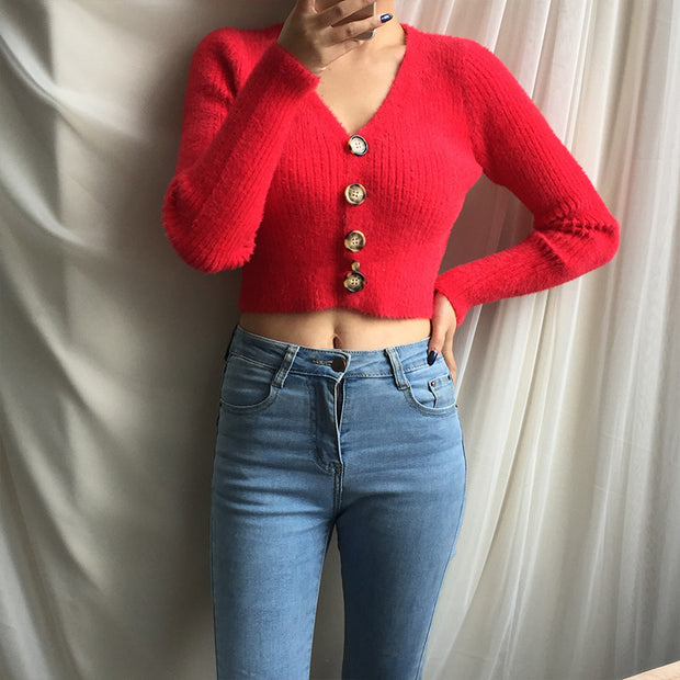 Single-Breasted Buttoned Long-Sleeved Sweater Cardigan Top