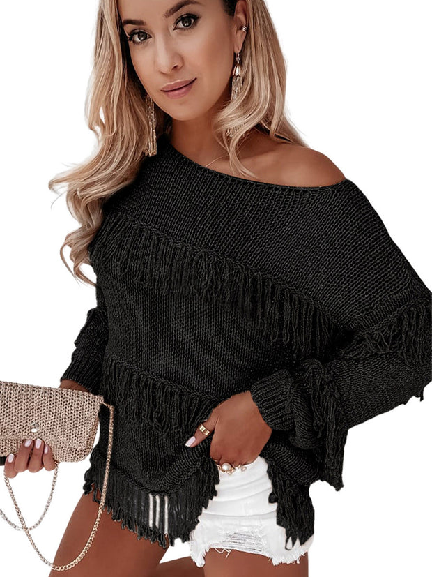 Women's Sweater All-matching Tassel Knitted Long-sleeved Top