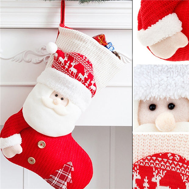 Large Red White Knitted Christmas Stocking Santa Claus