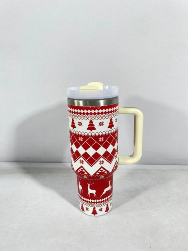 Christmas Pattern Mug With Handle Lid Straw Drinkware