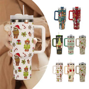 Christmas Pattern Mug With Handle Lid Straw Drinkware