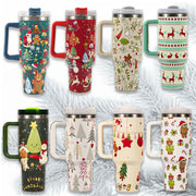 Christmas Pattern Mug With Handle Lid Straw Drinkware