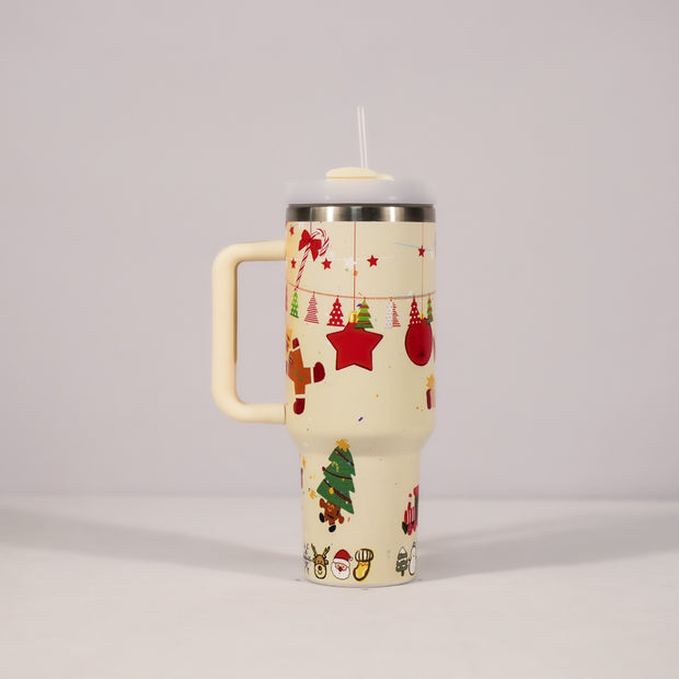 Christmas Pattern Mug With Handle Lid Straw Drinkware