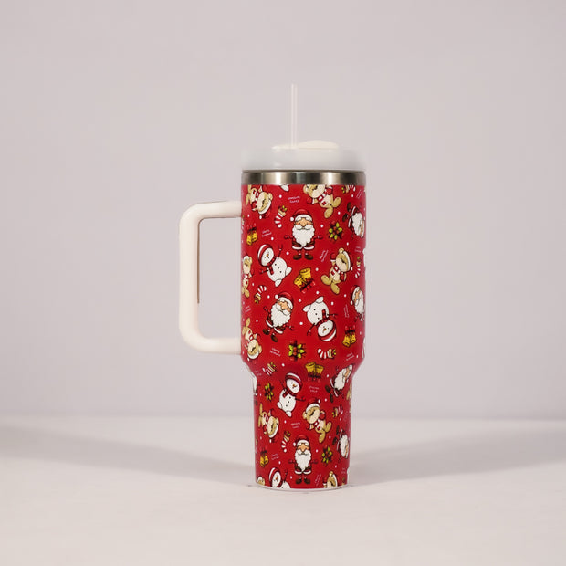 Christmas Pattern Mug With Handle Lid Straw Drinkware